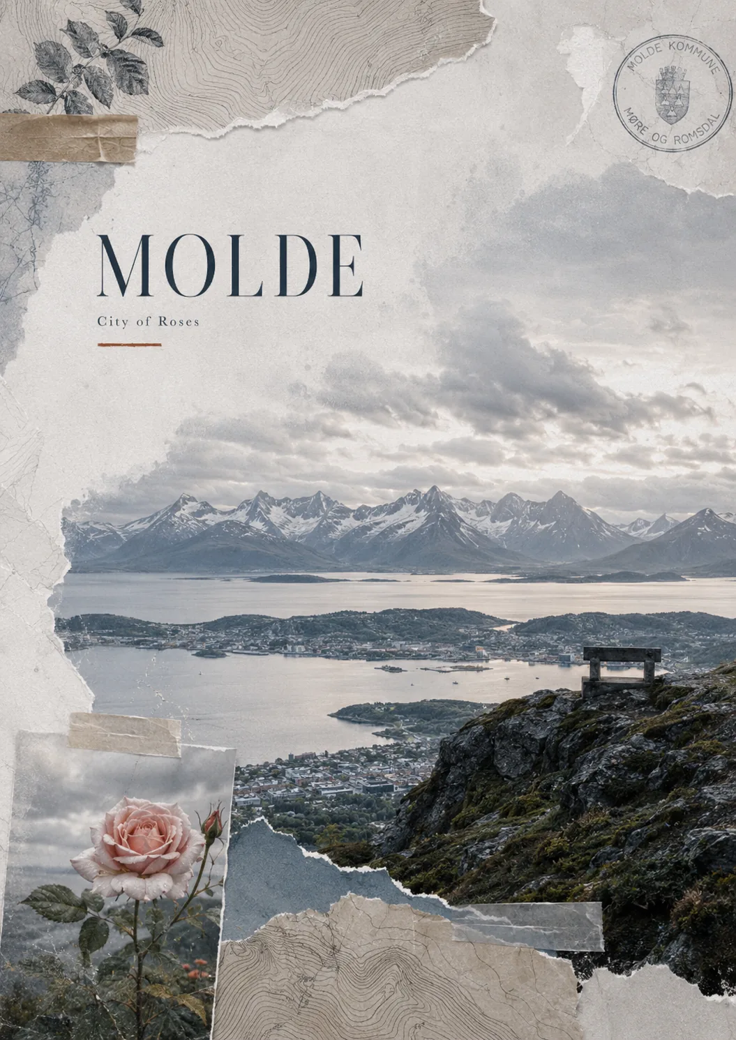 Molde — Scrapbook-Cover mit Fjordpanorama, Rosen-Motiv und Wiederaufbau-Spuren
