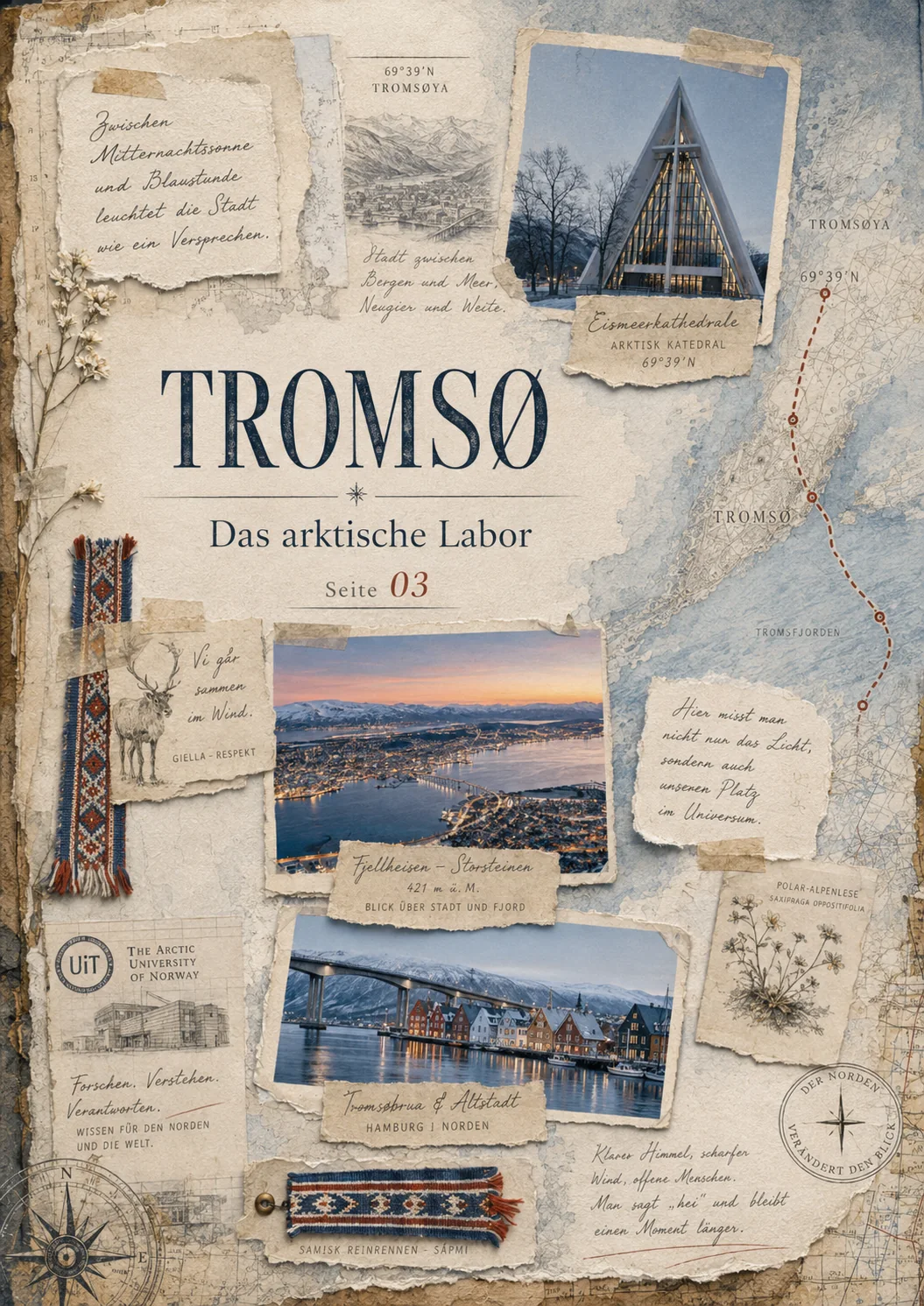 Tromsø Fieldbook · Scrapbook-Karte mit Sund- und Stadt-Notizen
