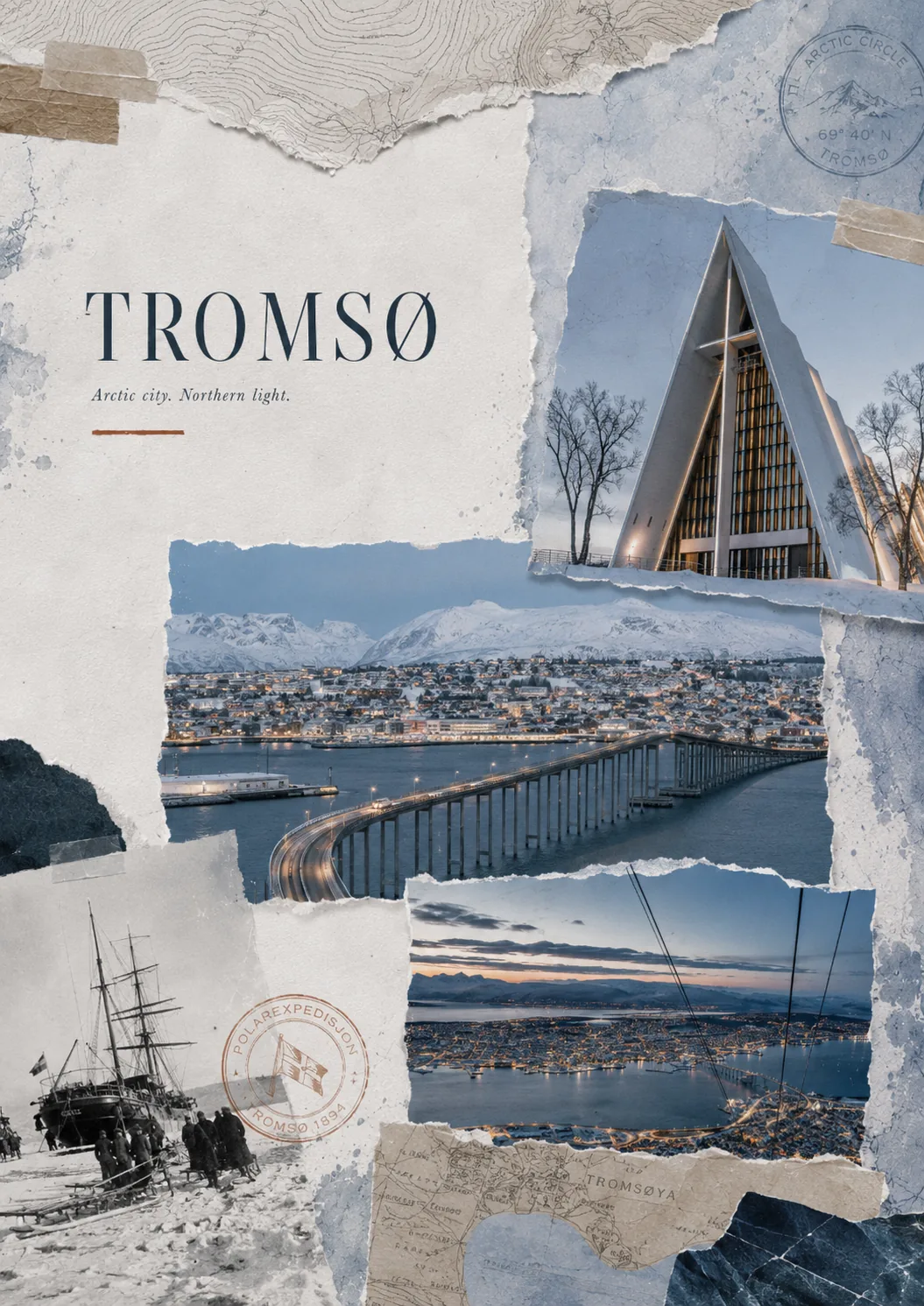 Tromsø — Scrapbook-Cover mit Stadt am Sund, Brücke und arktischer Stadtgeschichte