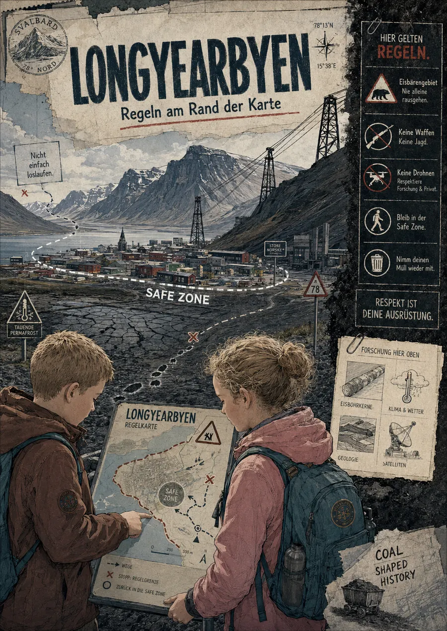 Longyearbyen · zwei Jugendliche an einer Regelkarte vor Bergkulisse, rechts Tafel ‚HIER GELTEN REGELN' mit Eisbärenzone, Waffen, Drohnen, Safe-Zone, Müll.