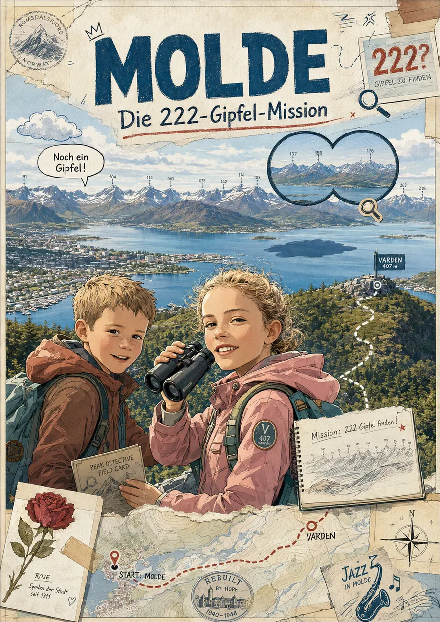 Molde · zwei Jugendliche mit Fernglas und Field-Card vor dem Moldepanorama mit 222 Gipfeln, oben rechts ein gelber Suchkreis mit ‚222?'.