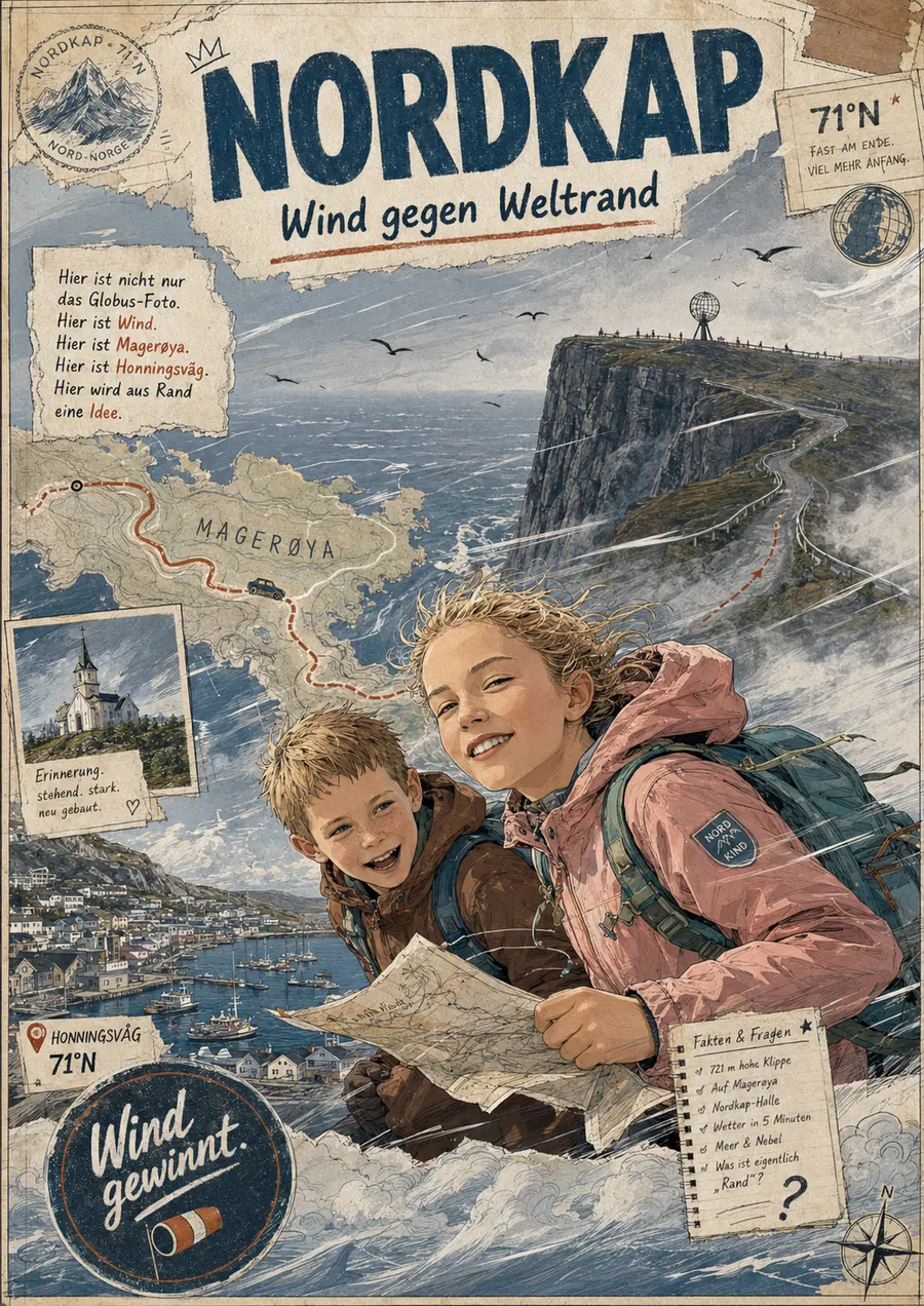 Nordkap · zwei Jugendliche mit Faltkarte vor der windgepeitschten Klippe von Magerøya, daneben Stempel ‚Wind gewinnt' und Honningsvåg-Polaroid.