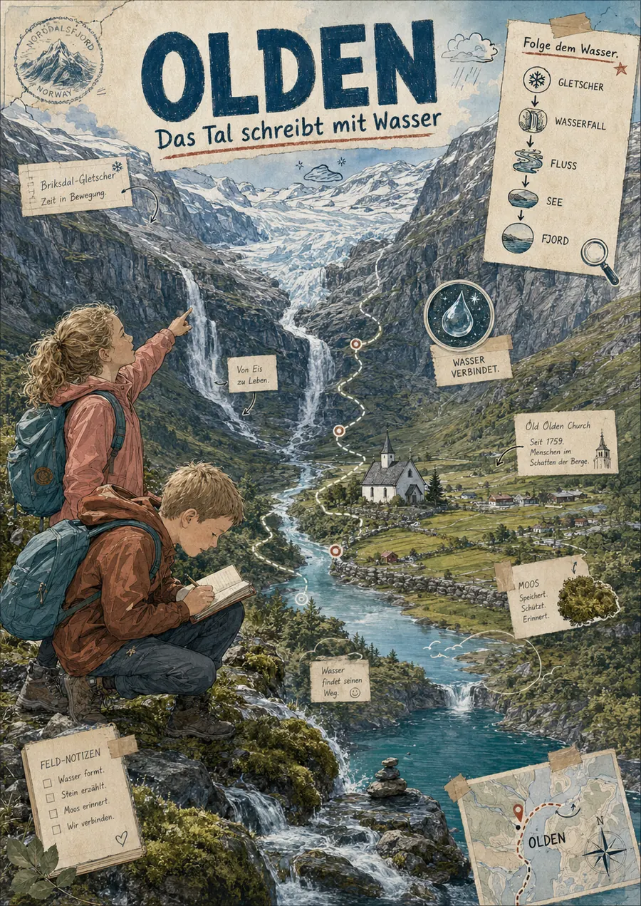 Olden · zwei Jugendliche mit Feldbuch vor Wasserfall und Briksdalsgletscher, daneben Spur ‚Gletscher → Wasserfall → Fluss → See → Fjord'.