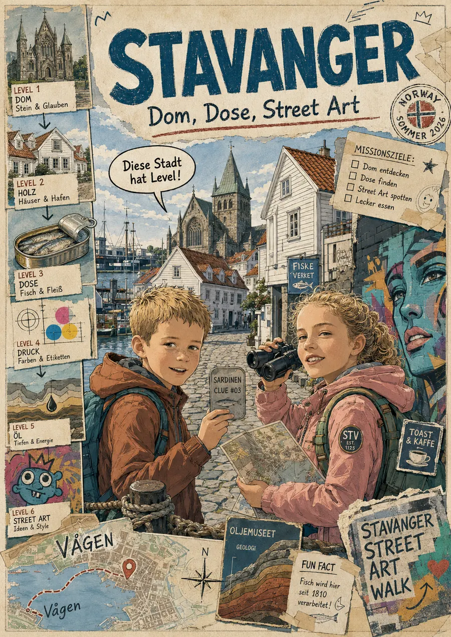 Stavanger · zwei Jugendliche mit Stadtkarte zwischen Dom, weißen Holzhäusern und Street-Art-Wand. Sechs Level-Stempel am Rand: Dom, Holz, Dose, Druck, Öl, Street Art.