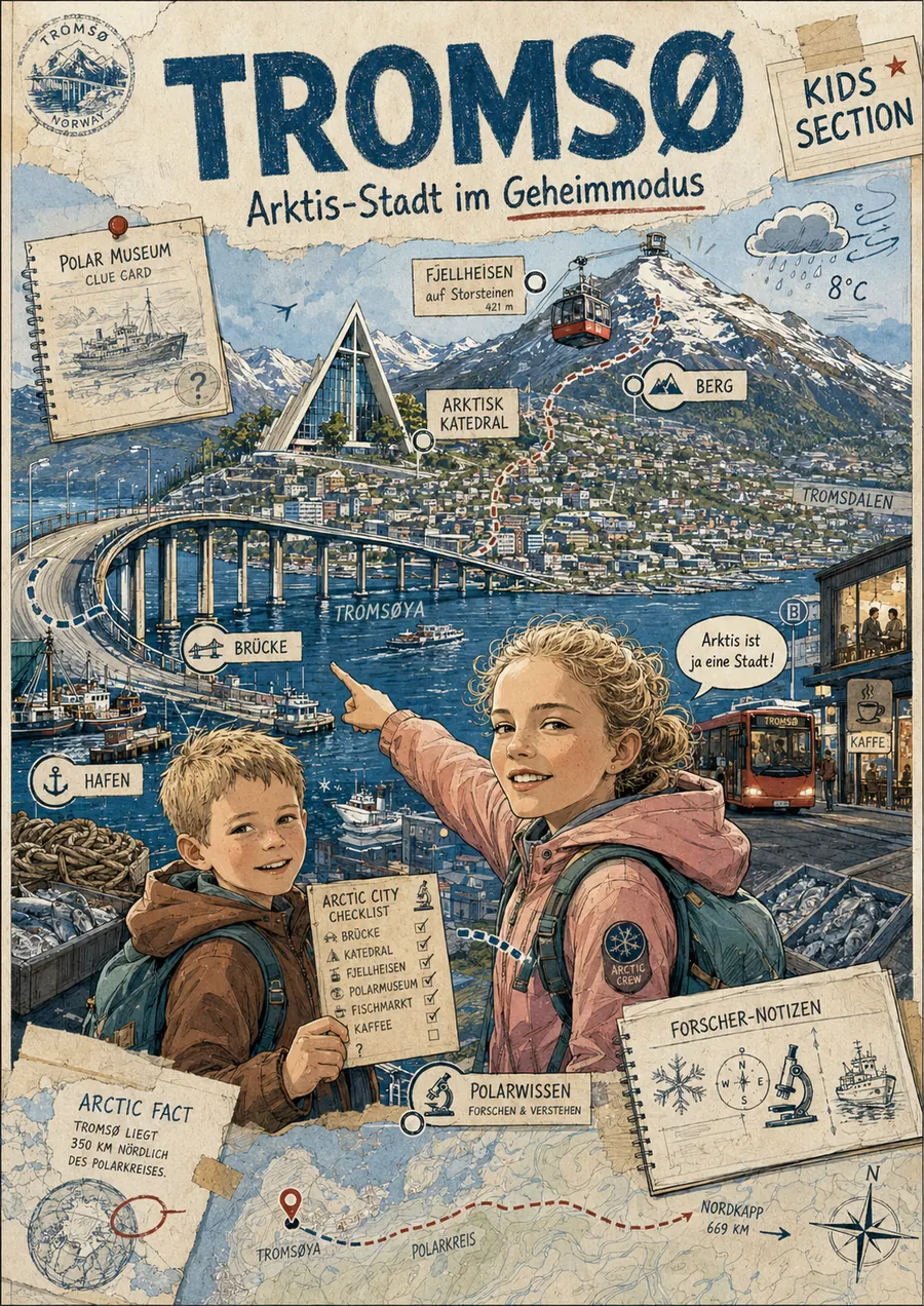 Tromsø · zwei Jugendliche zeigen über die Tromsø-Brücke zur Eismeerkathedrale, daneben Polar Museum, Fjellheisen-Bahn und Forscher-Notizen.