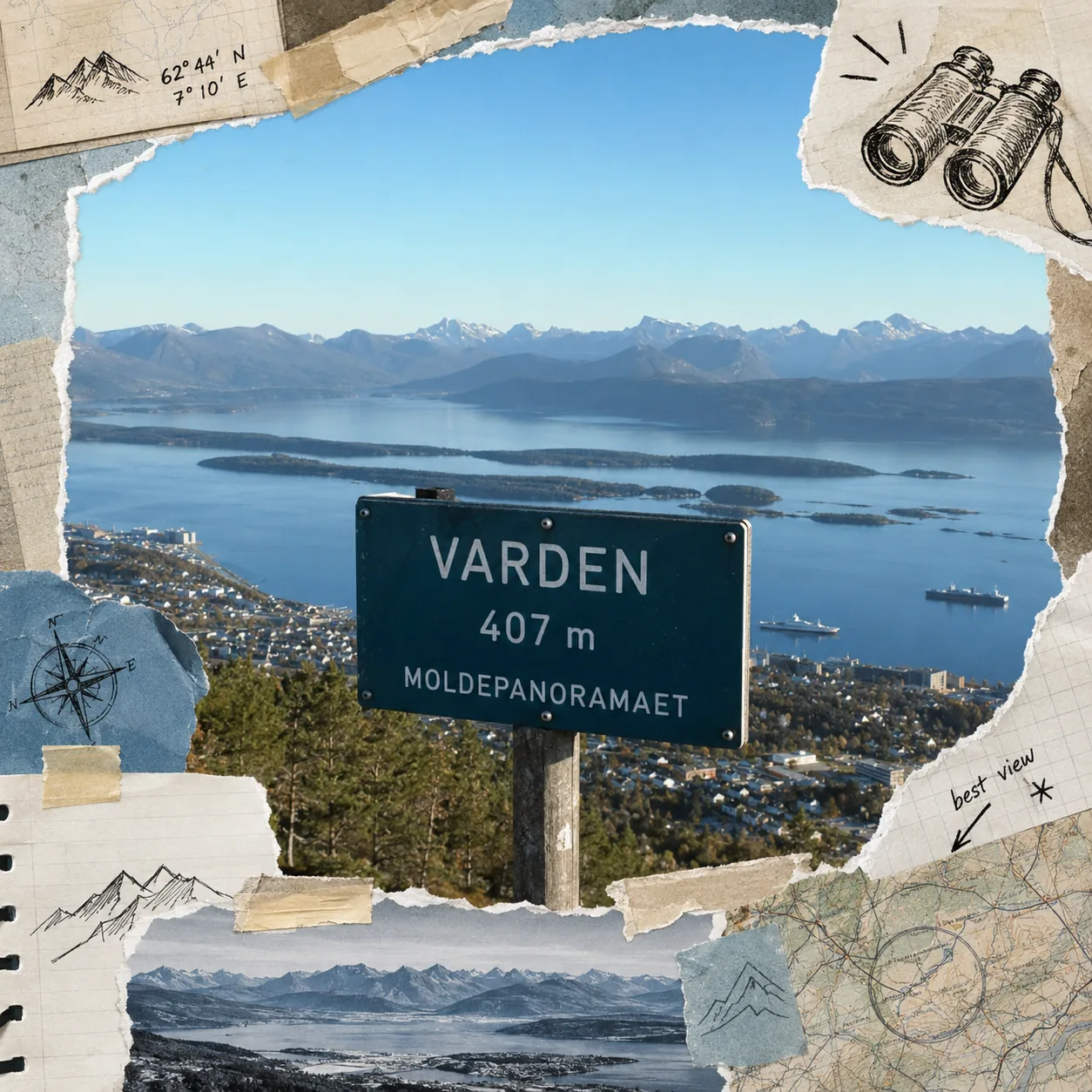 Scrapbook-Beleg: Wegweiserschild ‚VARDEN · 407 m · MOLDEPANORAMAET' über Molde, umgeben von Kartenfragmenten und Fernglas-Doodle.