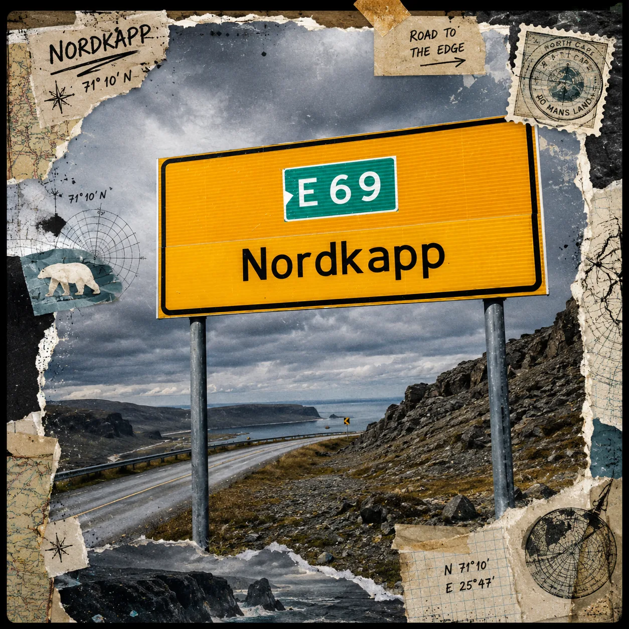 Scrapbook-Beleg: gelbes E69-Straßenschild ‚Nordkapp' auf der nördlichsten öffentlichen Straße Europas, mit Wolken, Wind und ‚Road to the Edge'-Notiz.