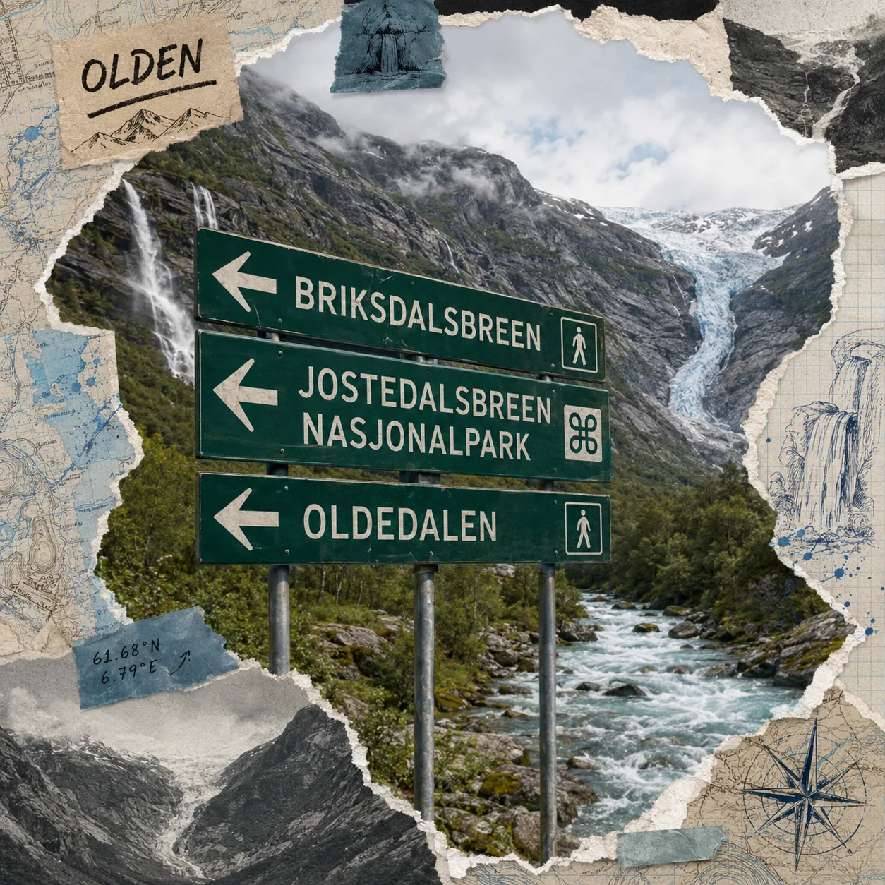 Scrapbook-Beleg: grüne Wegweiser ‚BRIKSDALSBREEN · JOSTEDALSBREEN NASJONALPARK · OLDEDALEN' vor Gletscherzunge und Wasserfall im Oldedalen.