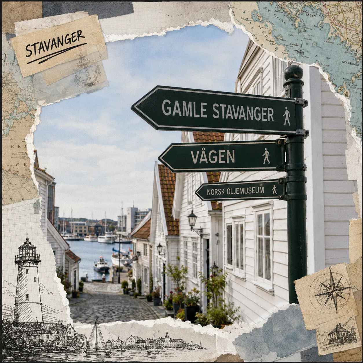 Scrapbook-Beleg: städtischer Fußgänger-Wegweiser ‚GAMLE STAVANGER · VÅGEN · NORSK OLJEMUSEUM' vor weißen Holzhäusern und Hafenkante.