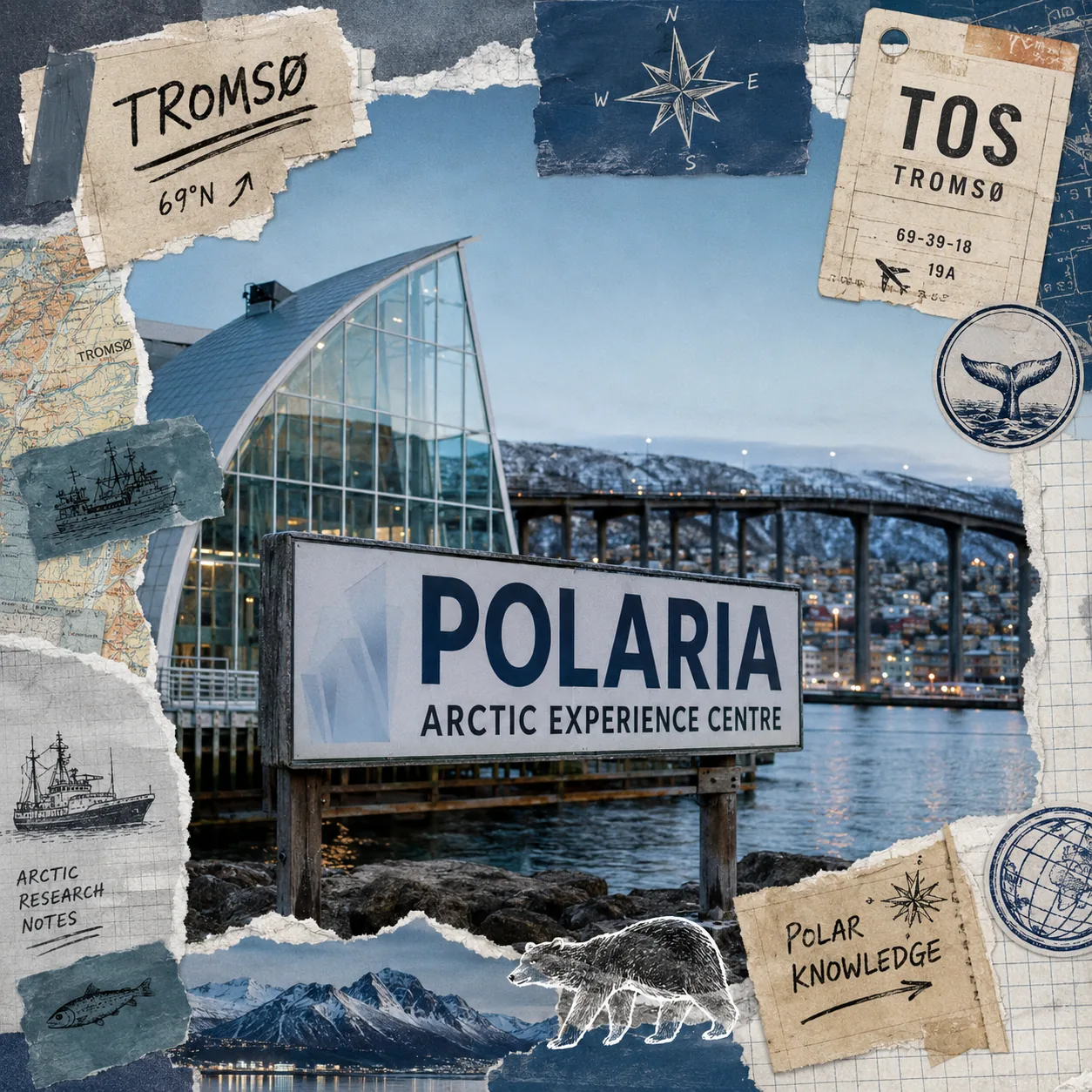 Scrapbook-Beleg: Außenschild ‚POLARIA · Arctic Experience Centre' vor der eisscholle-inspirierten Architektur am Kai von Tromsø, mit Stadtkarte, Forschungsschiff-Doodle und ‚Polar knowledge'-Stempel.