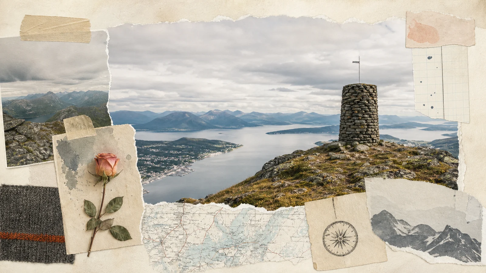 Varden über Molde als offene Bildmontage aus Fjord, Bergen, Karte und Rose