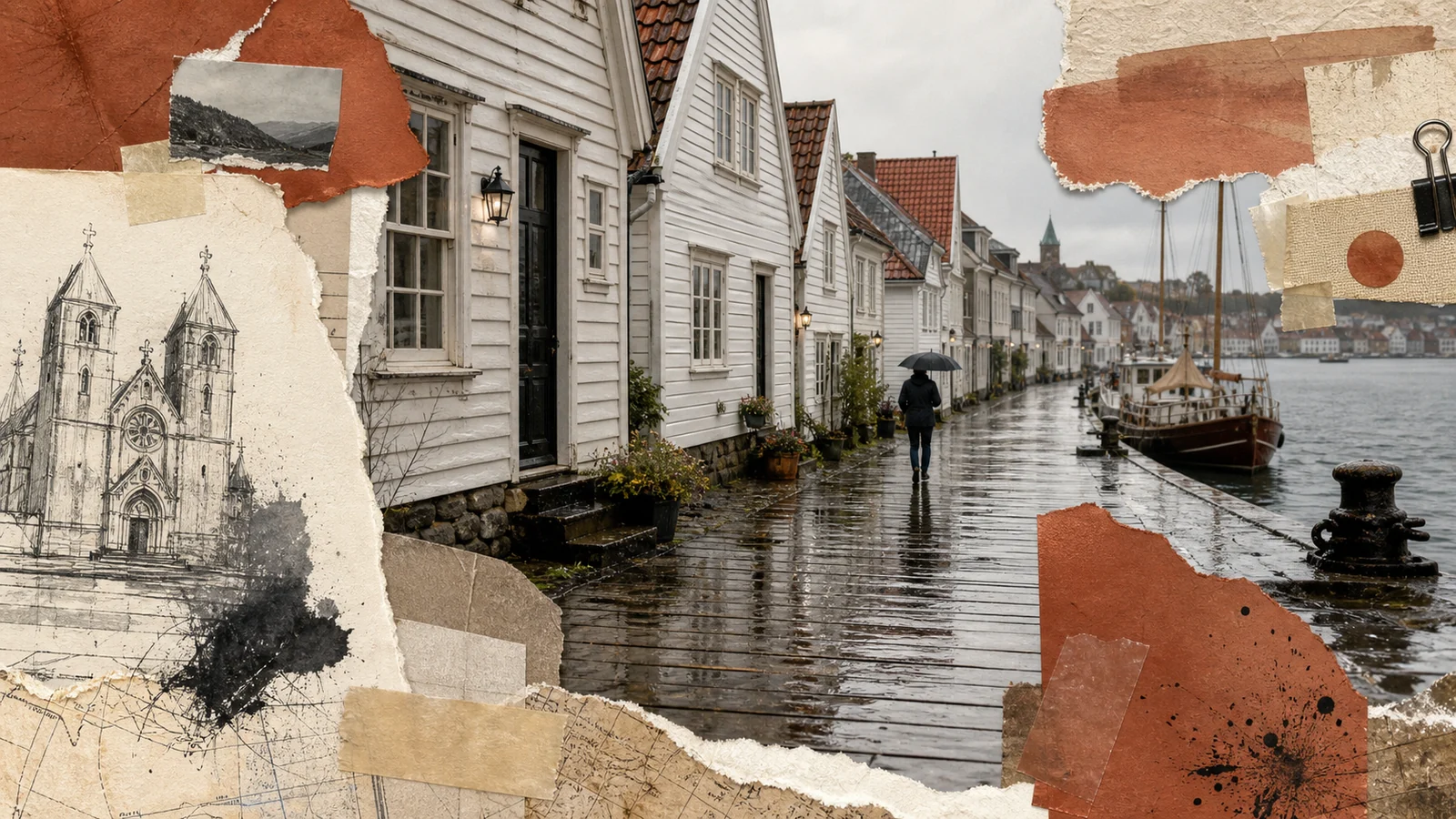 Regennasse Hafenstraße in Stavanger mit weißen Holzhäusern und Domskizze