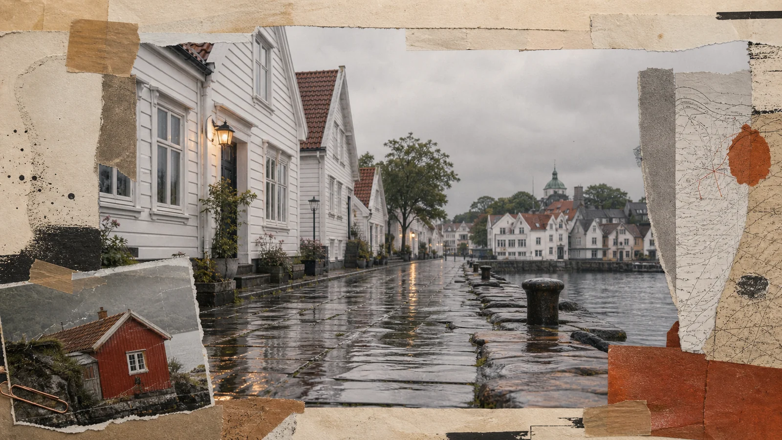Regennasser Stadthafen in Stavanger als Beispiel für nasse Wege und kurze Distanzen