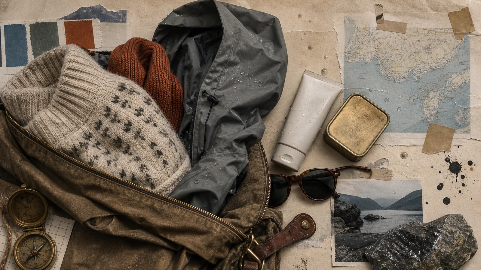 Geöffnete Reisetasche mit Wollpullover, Regenjacke, Sonnenbrille und Karte für die Norwegenroute.