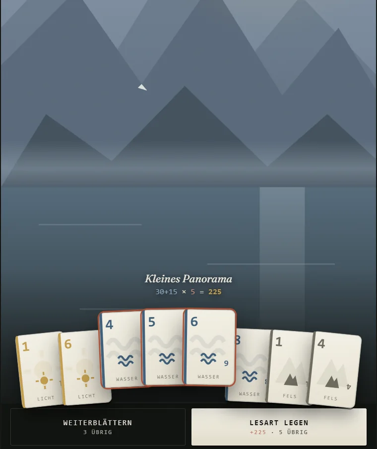 Blick in Tromsø harbour — grey mountain silhouettes, beneath them the laid-out reading Small Panorama of light, water and rock cards