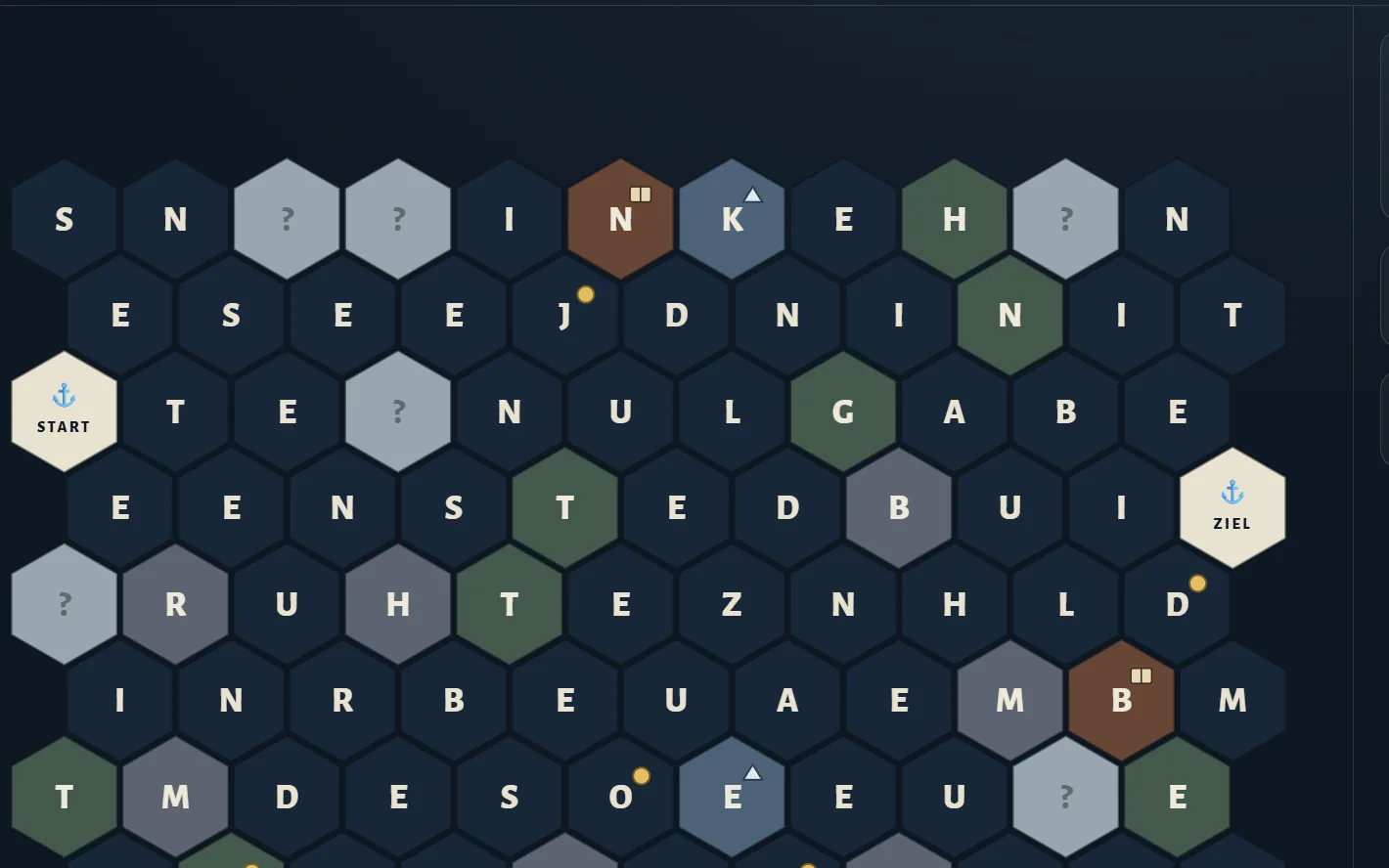 Draumen: Fjord Paths mid-game — a hex field of letter pebbles between start and finish, night-blue water