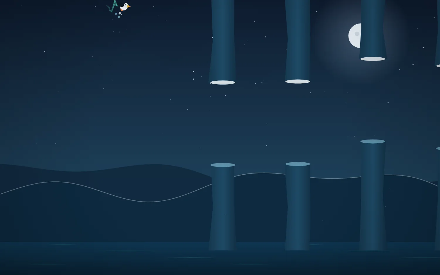 Lundefugl · Ein Papageitaucher fliegt in der Polarnacht zwischen Basaltsäulen hindurch, Vollmond dahinter.