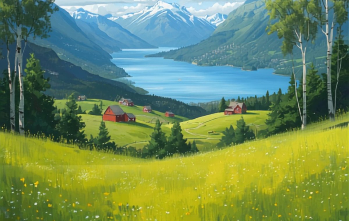 Munkekast village tournament cover with fjord, festival meadow and red farms