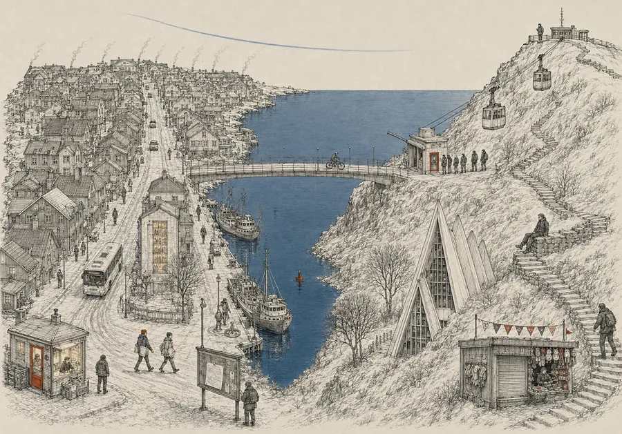 Ink drawing of Tromsø: harbour edge, a stair up the slope, a cable car — the search image for the Tromsø file